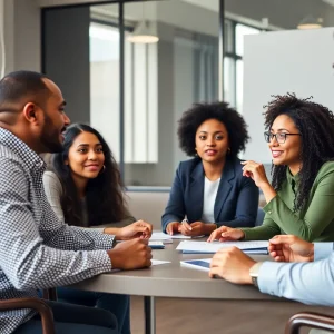 A diverse group of individuals discussing diversity policies in a corporate setting