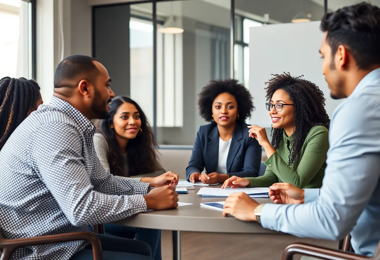 A diverse group of individuals discussing diversity policies in a corporate setting