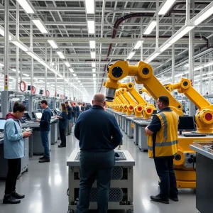 Advanced manufacturing facility by Apple with workers and technology