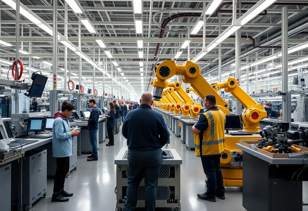 Advanced manufacturing facility by Apple with workers and technology