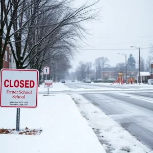 Snow-covered street with closed school signs in Metro Detroit