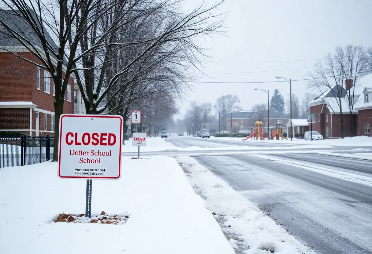 Snow-covered street with closed school signs in Metro Detroit