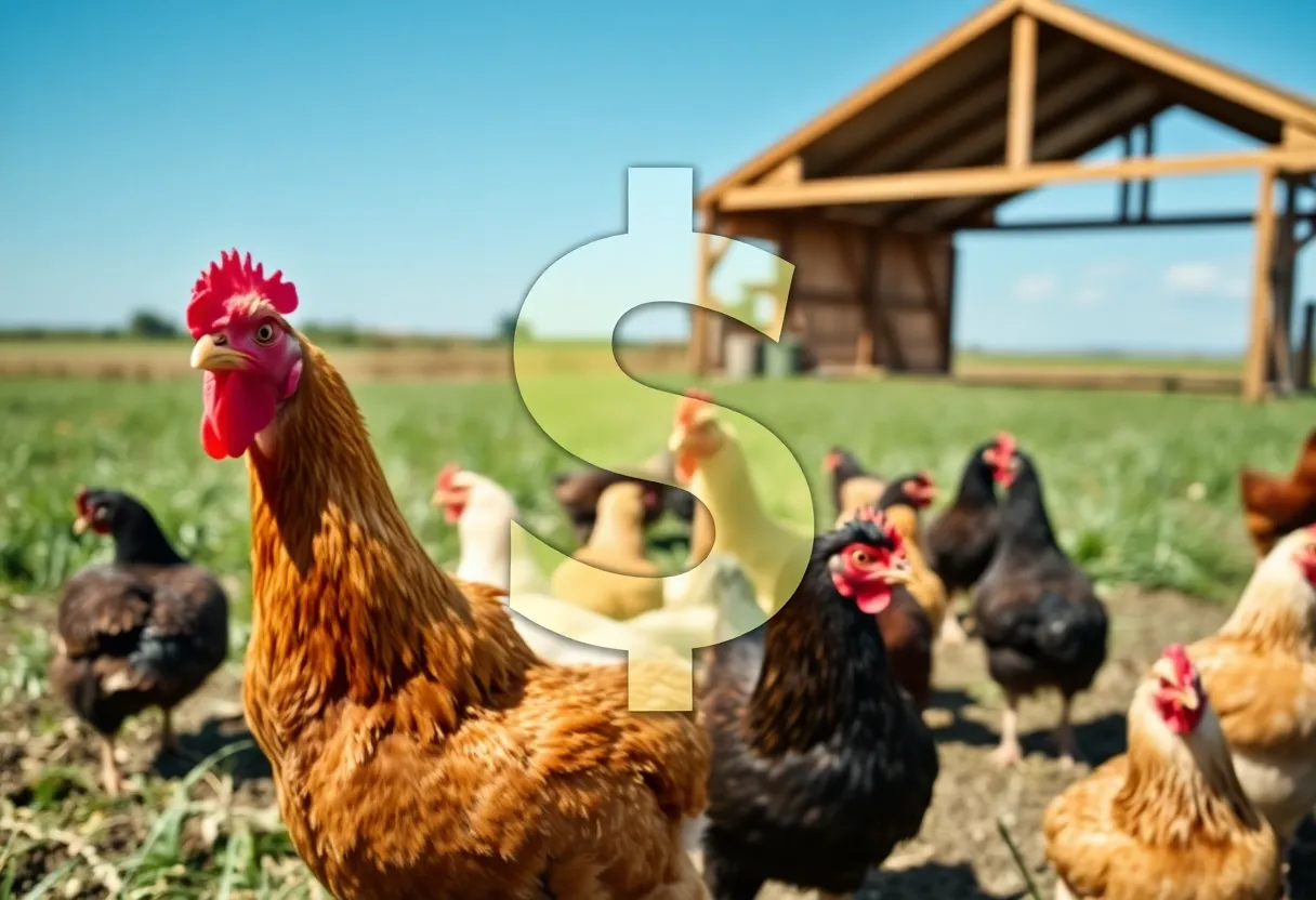 Chickens on a farm with a dollar sign overlay.