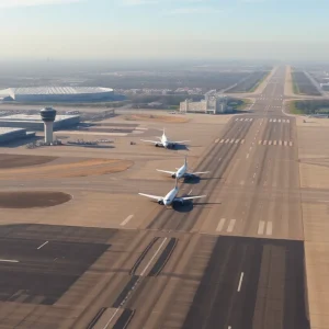 Aerial view of Chicago Midway International Airport during a busy flight schedule.