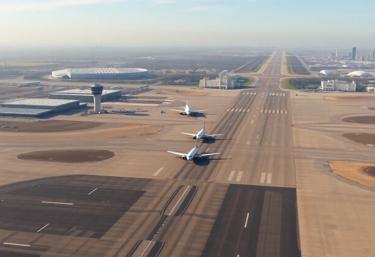 Aerial view of Chicago Midway International Airport during a busy flight schedule.