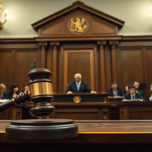 Inside view of a courtroom during a dramatic legal proceeding.