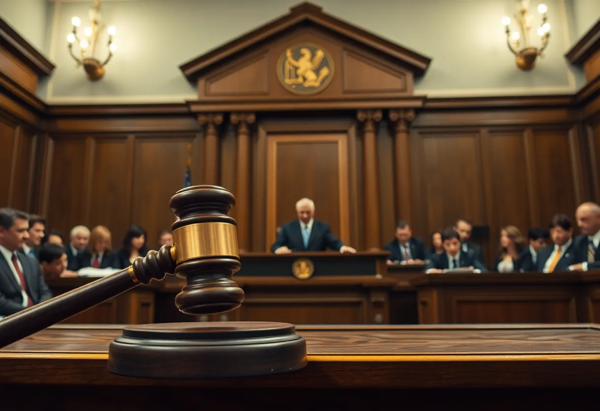 Inside view of a courtroom during a dramatic legal proceeding.