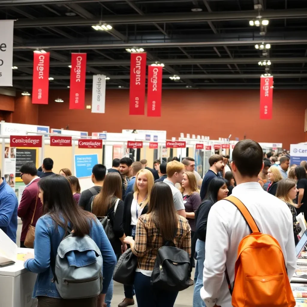 A lively scene from the College and Trade Fair with students and booth representatives