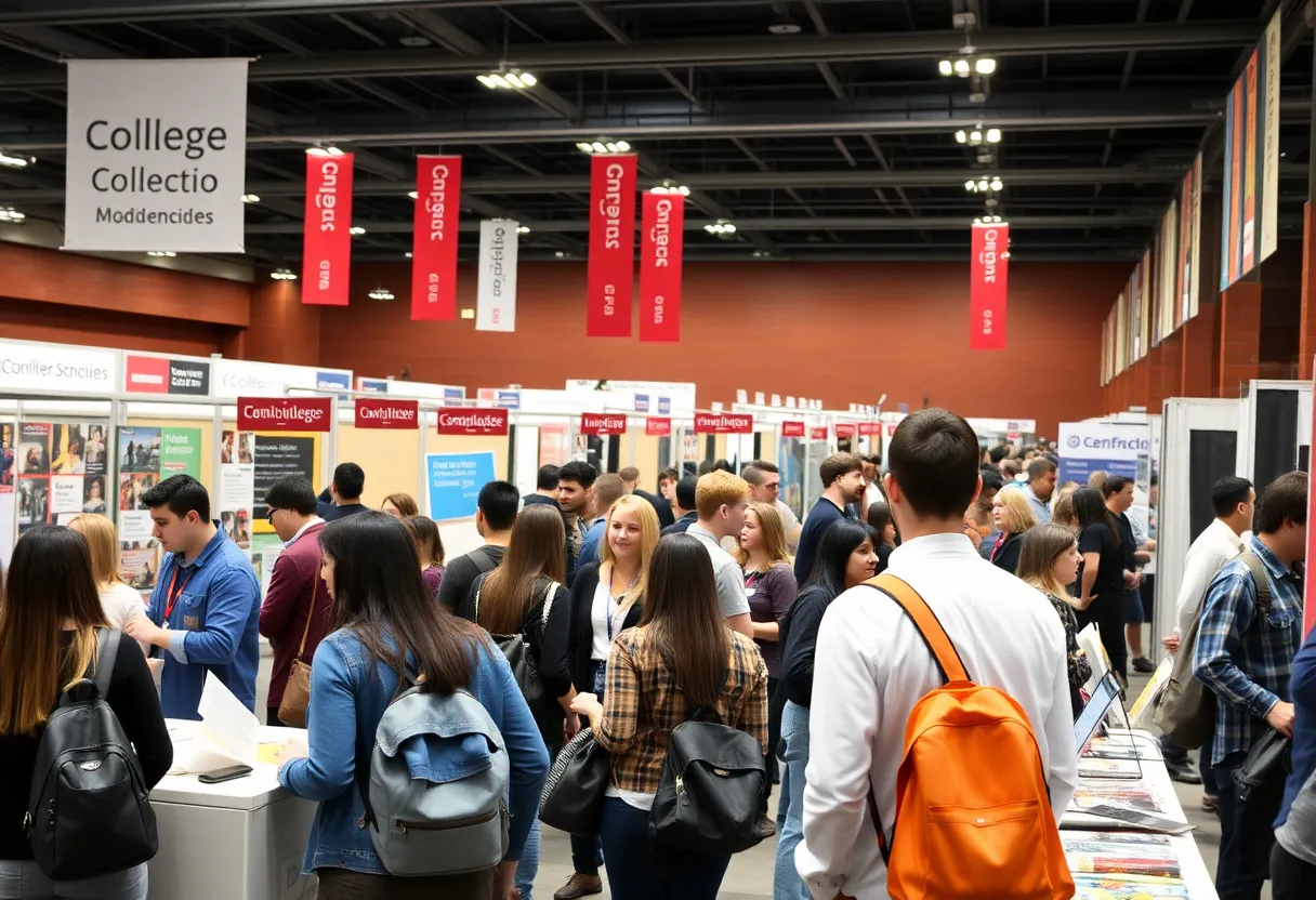 A lively scene from the College and Trade Fair with students and booth representatives