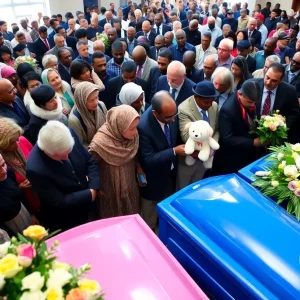 Community members at a funeral service for two young siblings.