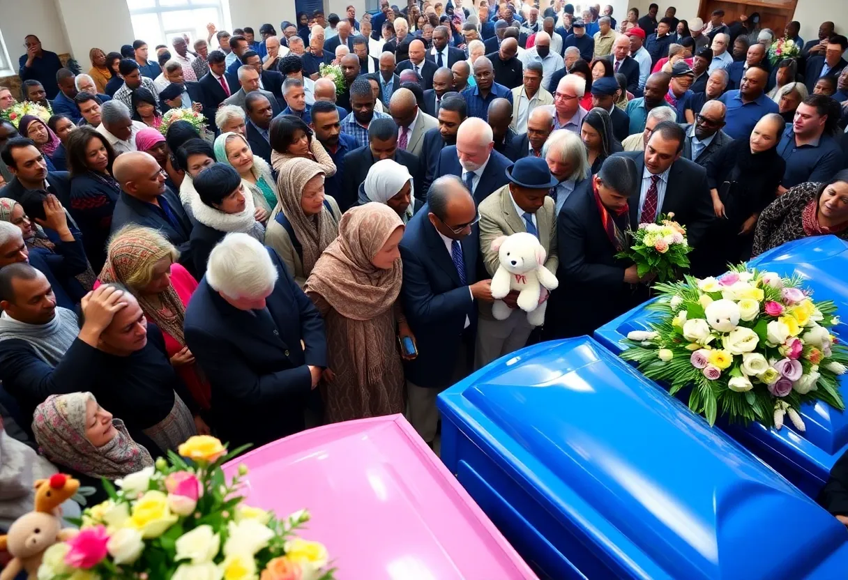 Community members at a funeral service for two young siblings.