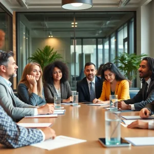 Professionals discussing DEI initiatives in a corporate environment