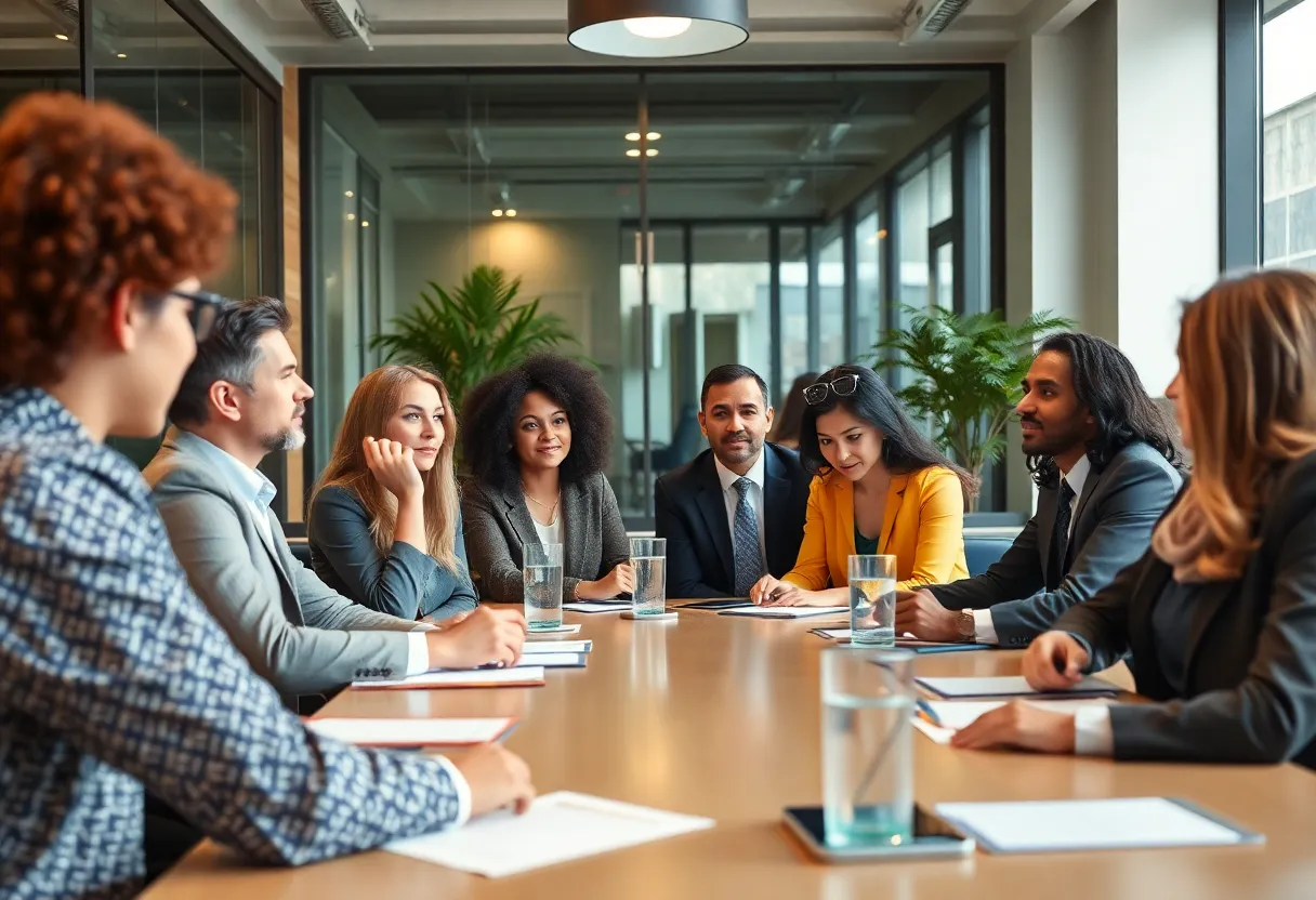 Professionals discussing DEI initiatives in a corporate environment