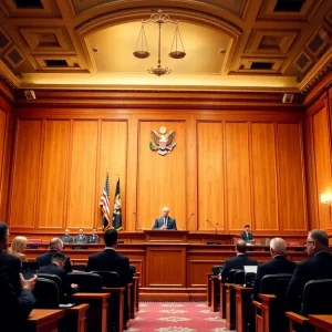 Courtroom with lawyers and judge discussing a fraud case