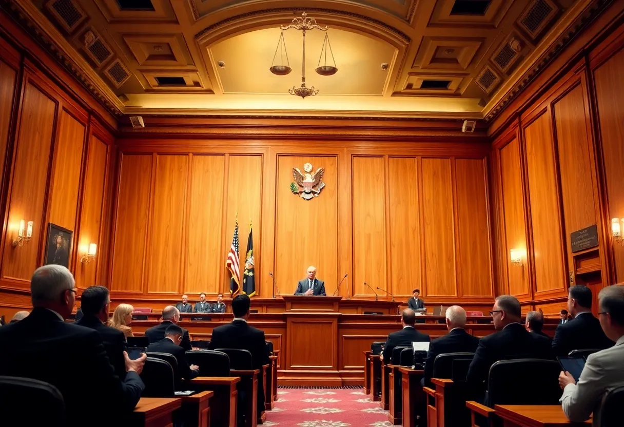 Courtroom with lawyers and judge discussing a fraud case