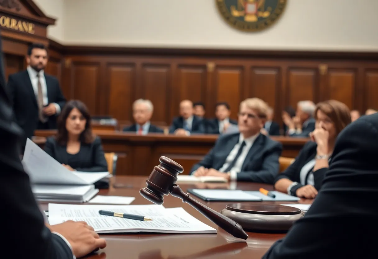 A courtroom during a sentencing session for COVID-19 fraud case