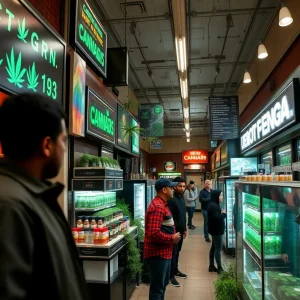 A bustling dispensary in Detroit showcasing various cannabis products.