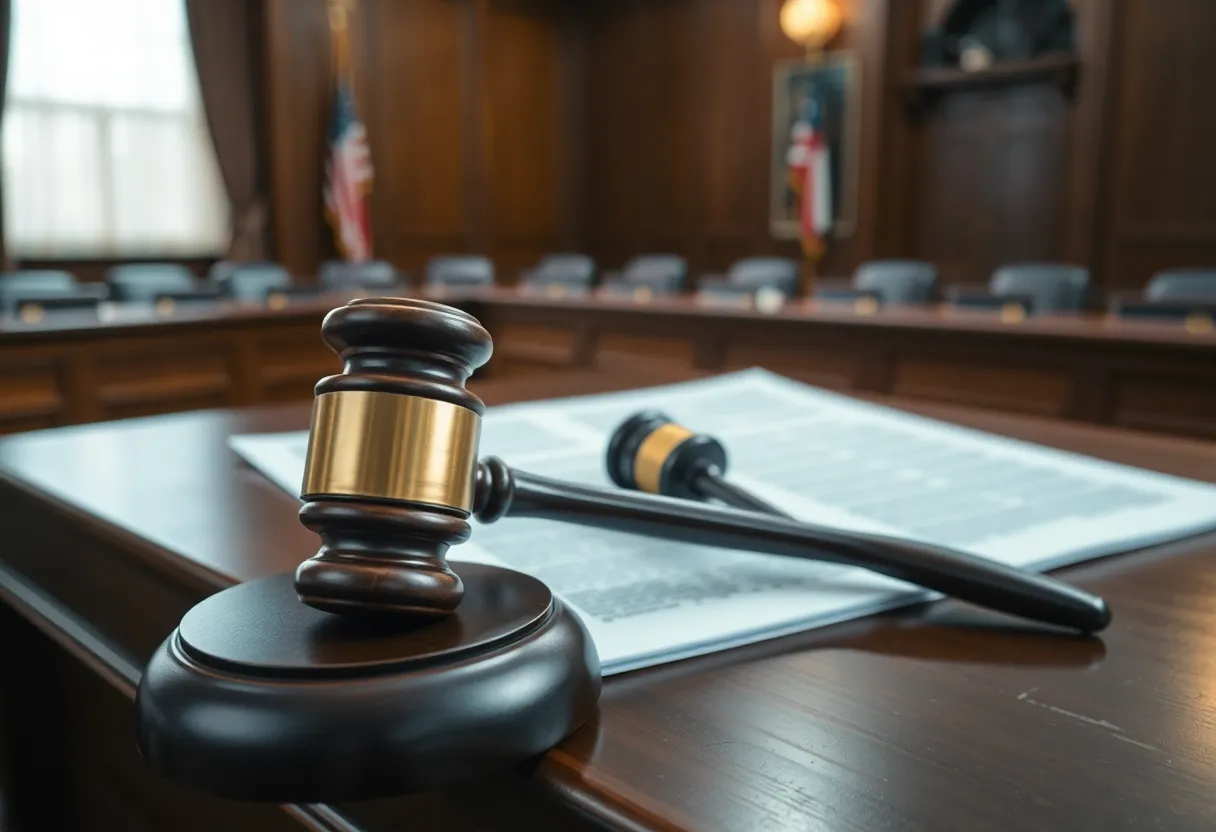 A courtroom setting with a gavel and legal documents representing a financial fraud case.