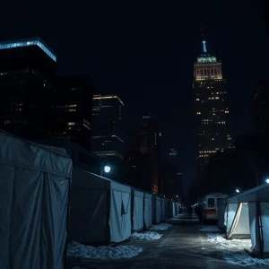 Night view of cityscape highlighting unheated shelters in Detroit