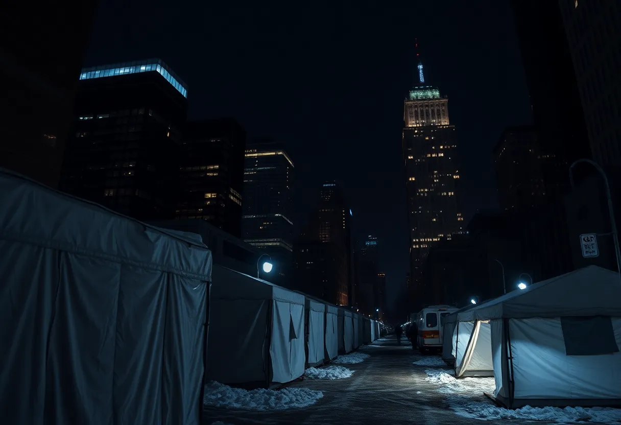 Night view of cityscape highlighting unheated shelters in Detroit