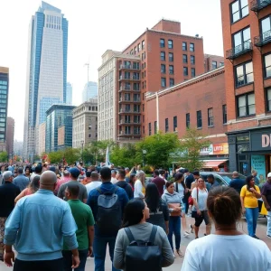 A diverse group of residents in Detroit discussing urban development plans.