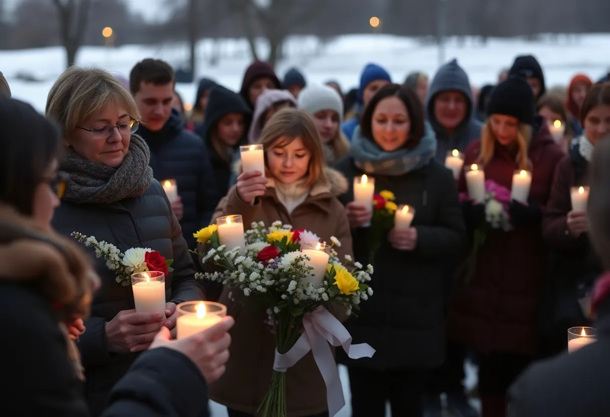 Community members holding candles in memory of Darnell and A’millah Currie