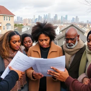 Group of Detroit homeowners examining tax foreclosure documents