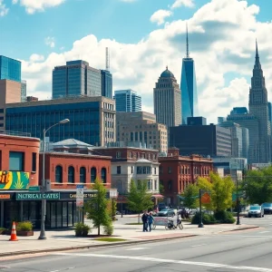 Detroit city landscape with marijuana business themes