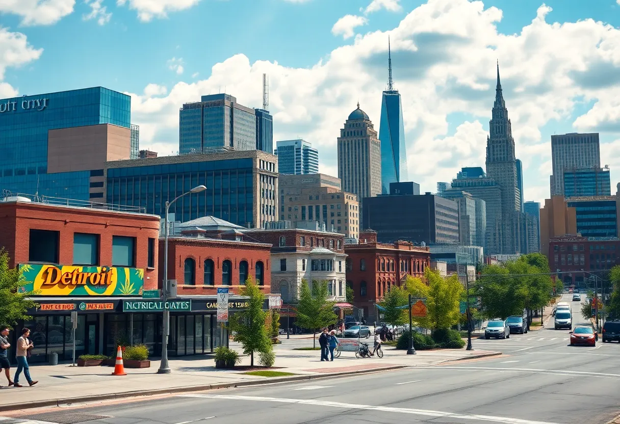 Detroit city landscape with marijuana business themes