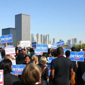 Vibrant atmosphere of a mayoral campaign in Detroit with diverse supporters