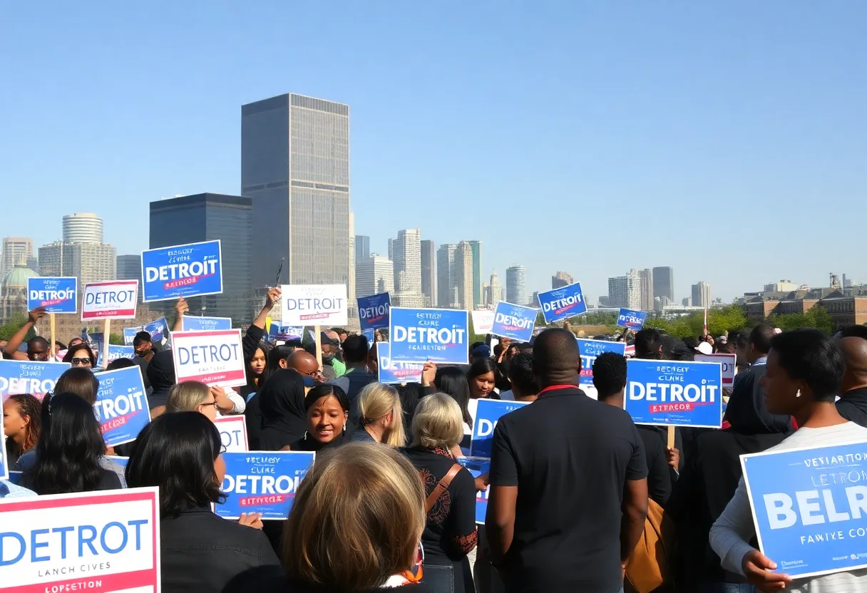 Vibrant atmosphere of a mayoral campaign in Detroit with diverse supporters