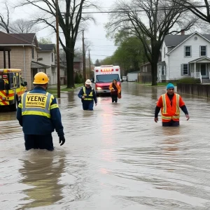 Emergency responders assist residents in a flooded Detroit neighborhood following a water main break.