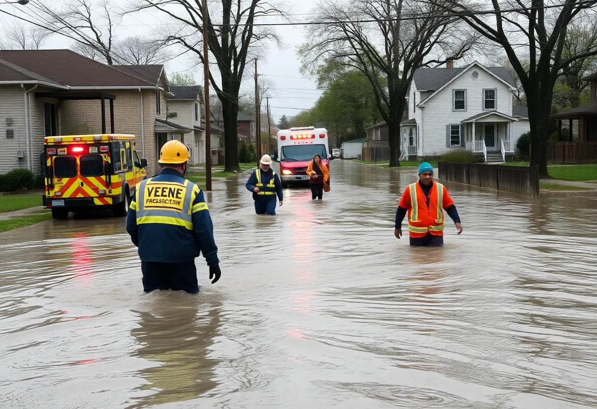 Emergency responders assist residents in a flooded Detroit neighborhood following a water main break.