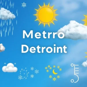 Collage of weather icons representing rain, sun, and snow for Metro Detroit.