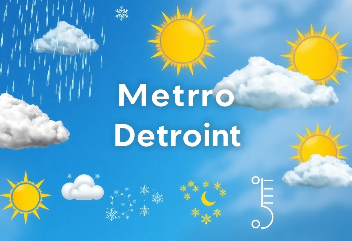 Collage of weather icons representing rain, sun, and snow for Metro Detroit.