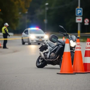 Scene of a motorcycle accident with police and emergency responders