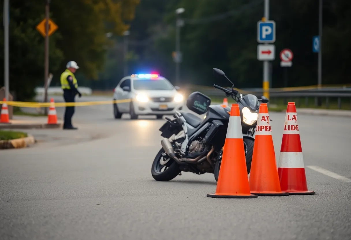 Scene of a motorcycle accident with police and emergency responders