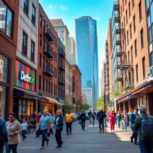 Urban landscape of Detroit showing new stores and developments