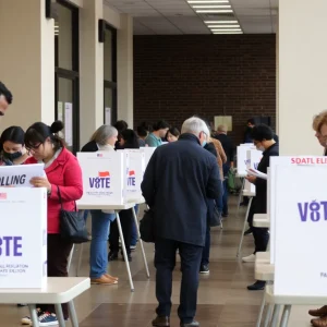 Voters at a polling place in Michigan with monitors present.