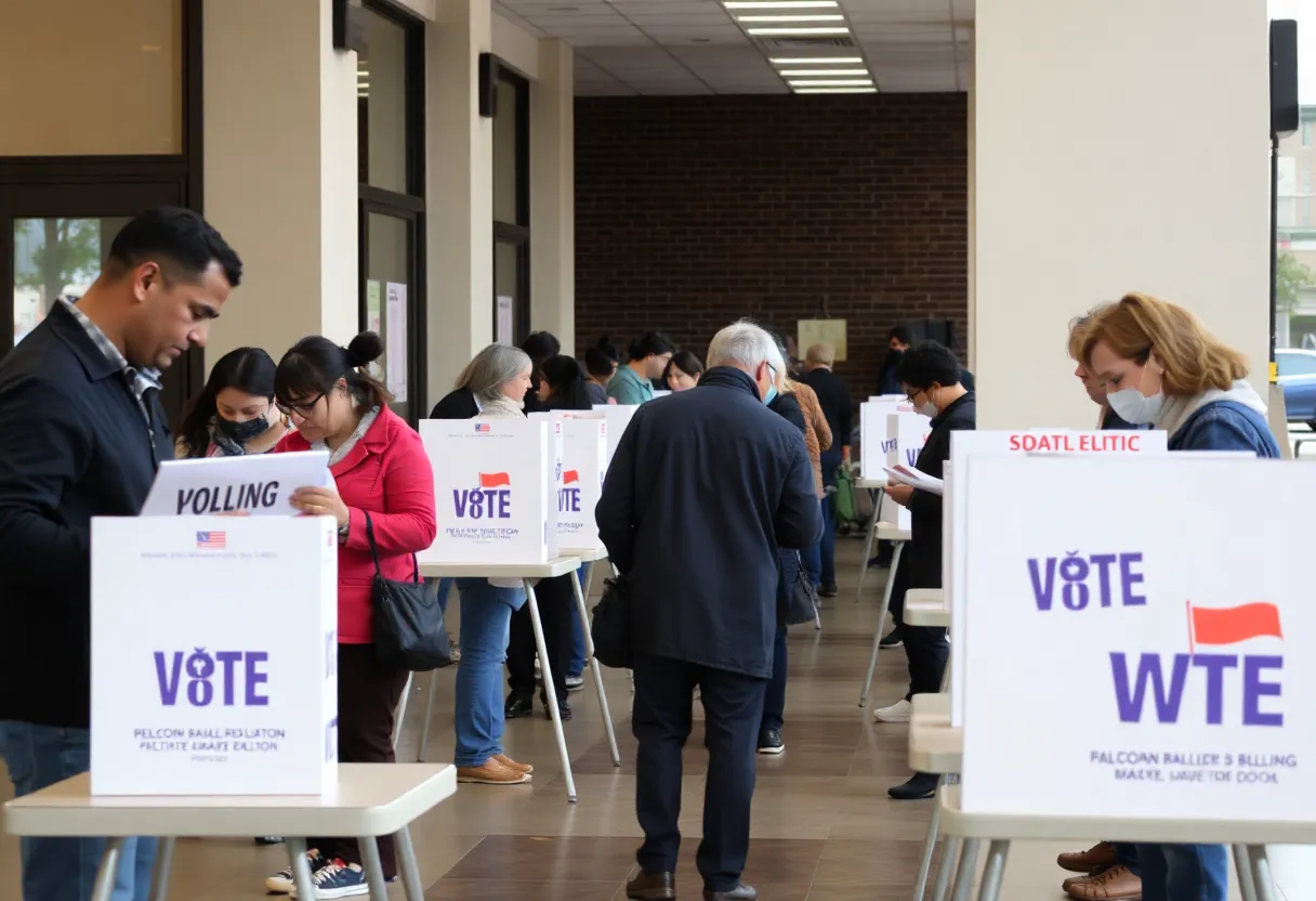 Voters at a polling place in Michigan with monitors present.