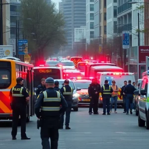 Police and emergency responders at a bus stop in Detroit after a shooting incident.