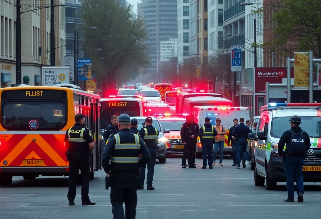 Police and emergency responders at a bus stop in Detroit after a shooting incident.