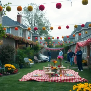 Visual representation of suburban life featuring a garden party with a sense of mystery.