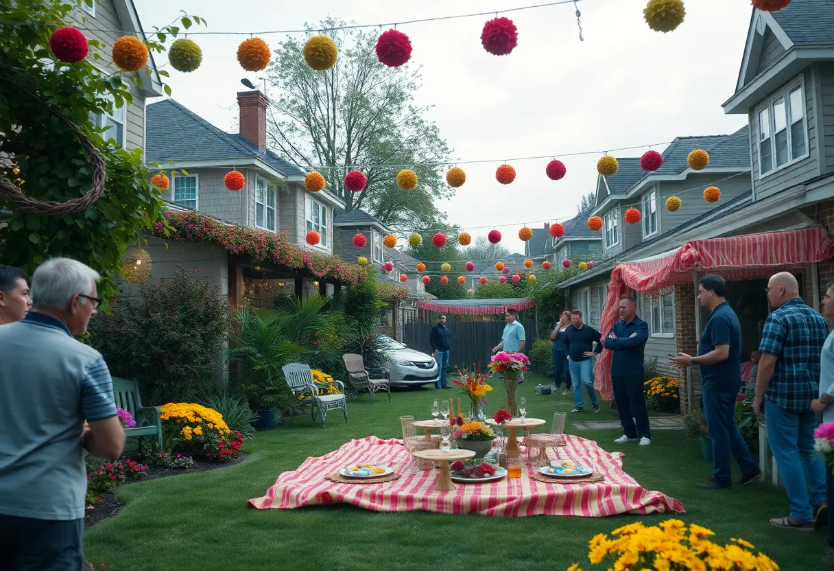 Visual representation of suburban life featuring a garden party with a sense of mystery.