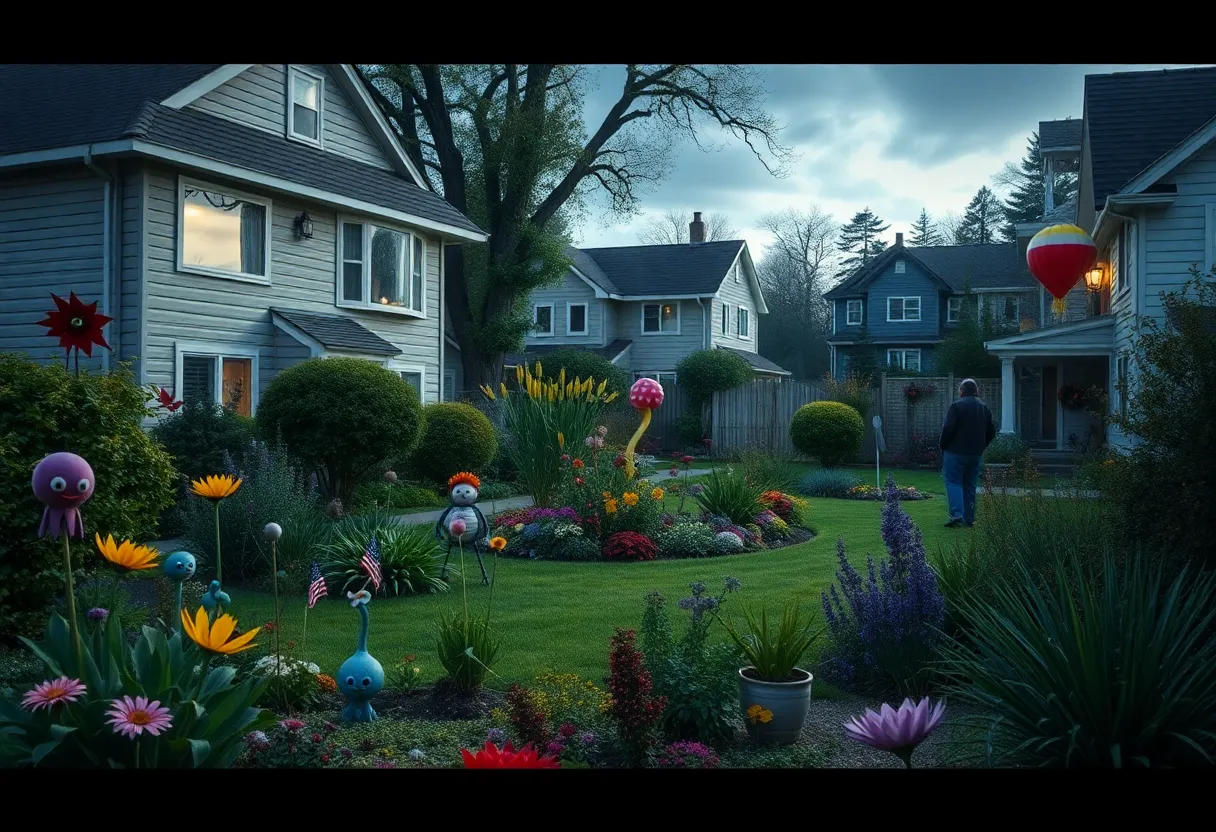 Mystical suburban garden setting depicting mystery and intrigue