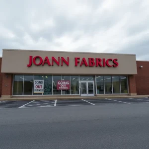 Closed Joann Fabrics store with going-out-of-business sign