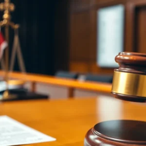 Courtroom scene with gavel and legal documents in focus