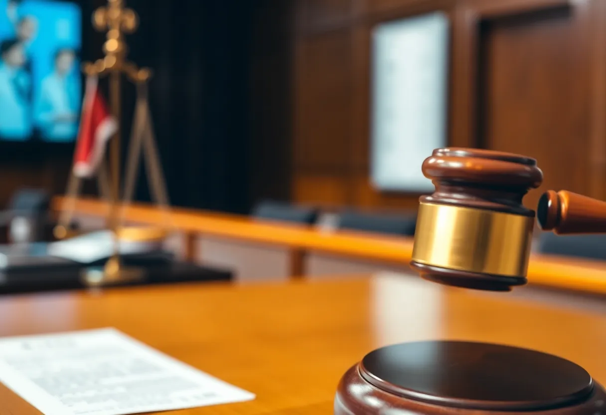 Courtroom scene with gavel and legal documents in focus