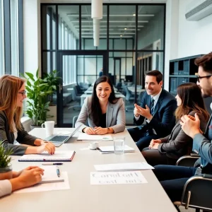 Corporate team discussing strategy in an office