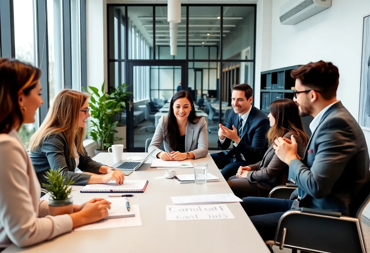 Corporate team discussing strategy in an office